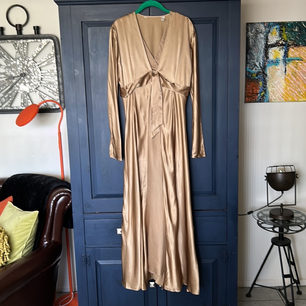 Elegant Gold Long Sleeve Satin Dress